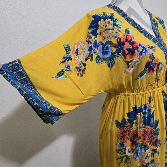 Flying Tomato Yellow Maxi Dress with Blue Peach Floral Print Size Large - Picture 3 of 11